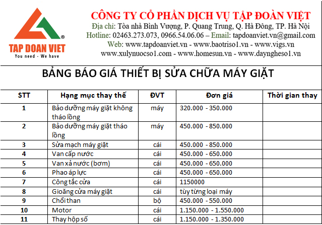 Bảng báo giá dịch vụ sửa máy giặt của Tập Đoàn Việt